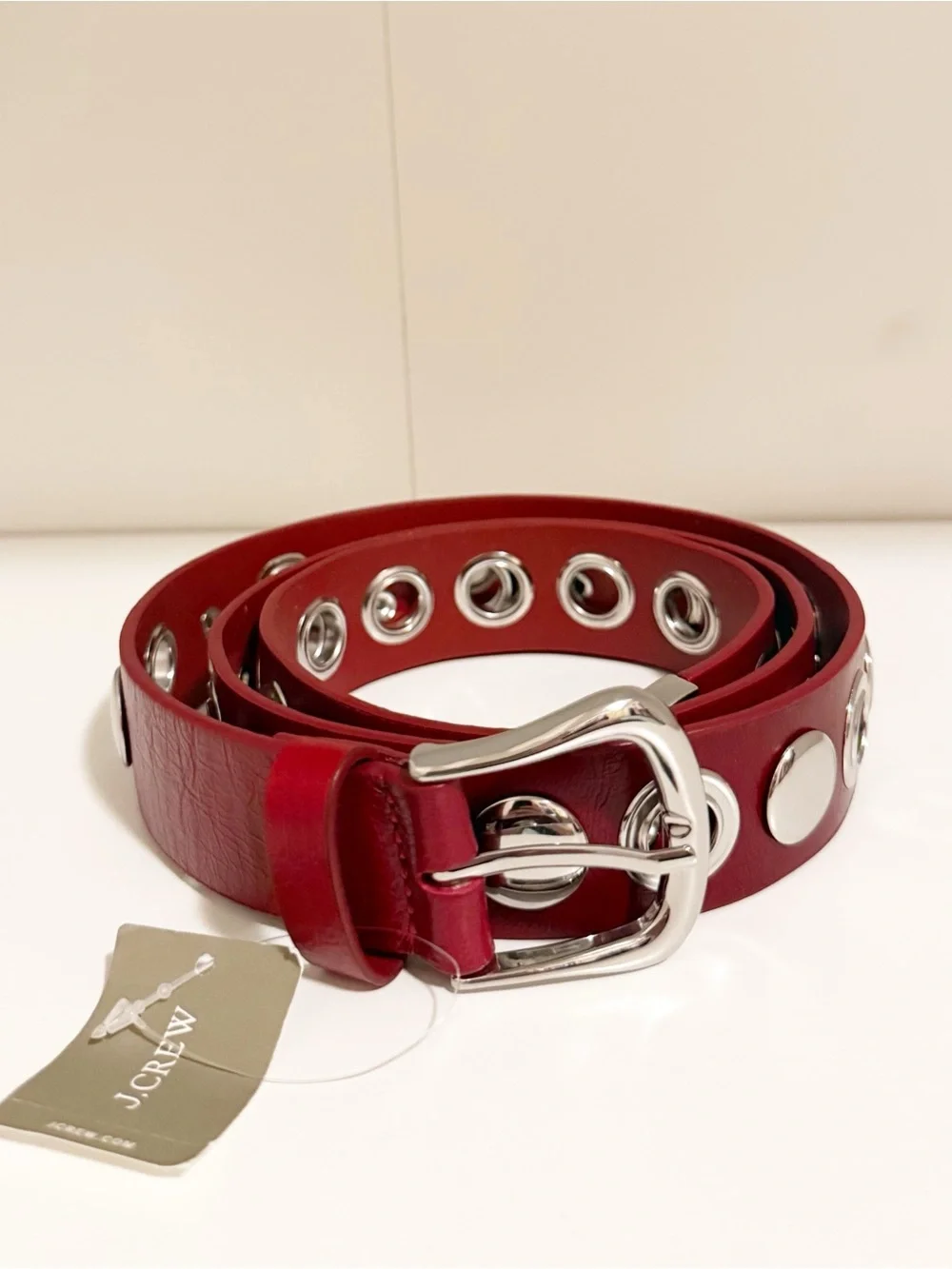 JCrew Grommet Belt in Italian Red Leather Silver Buckle New Size Large
